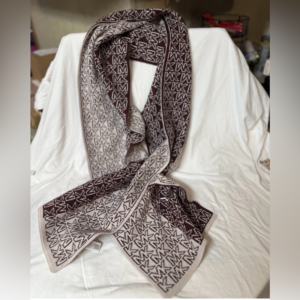 Michael Kors Warm Knit Scarf Burgundy MK Logo Monogram Reversible 64x9”